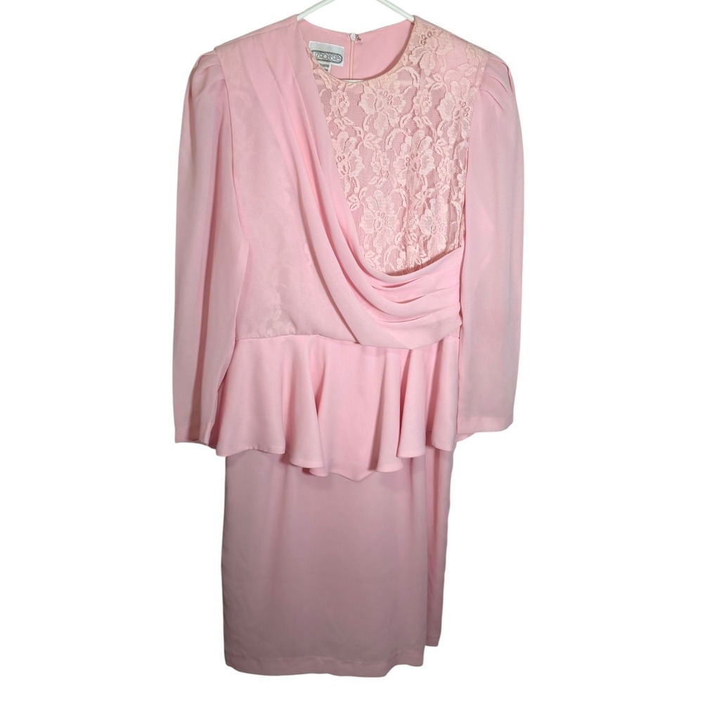 Liz Roberts 14 Pink Peplum Dress Lace Bodice Draped Chiffon Vintage 80s Coquette